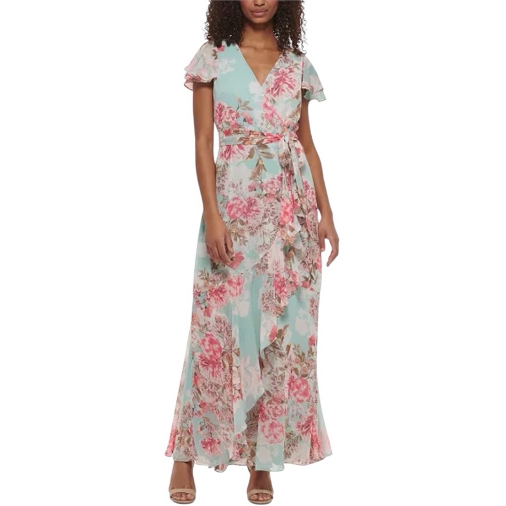 Eliza J Women's Floral V-Neck Flutter-Sleeve Ruffle Green & Pink Maxi Dress 8